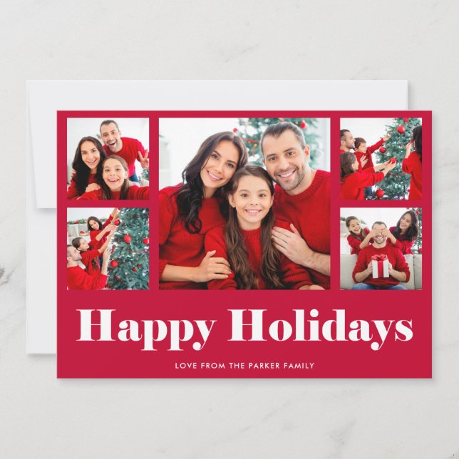 Happy Holidays | Red Modern Photo Grid Holiday Card (Front)