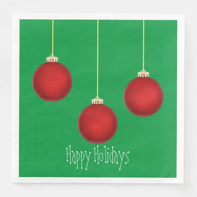 Happy Holidays Red Ornaments Paper Napkin (Front)