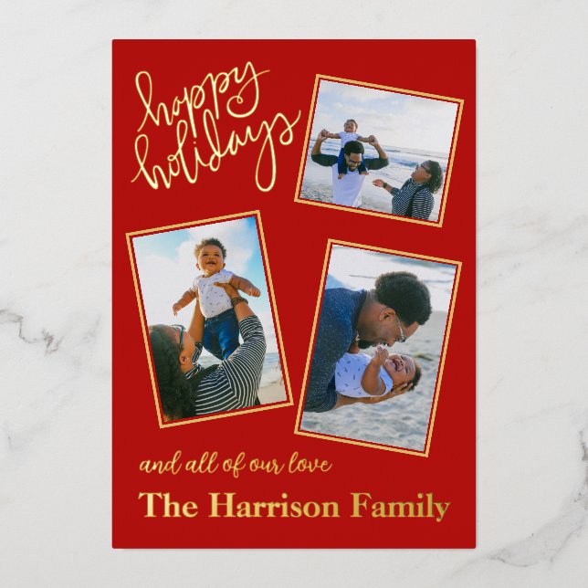 Happy Holidays Red Personalized 4 Photo Gold  Foil Holiday Card (Front)