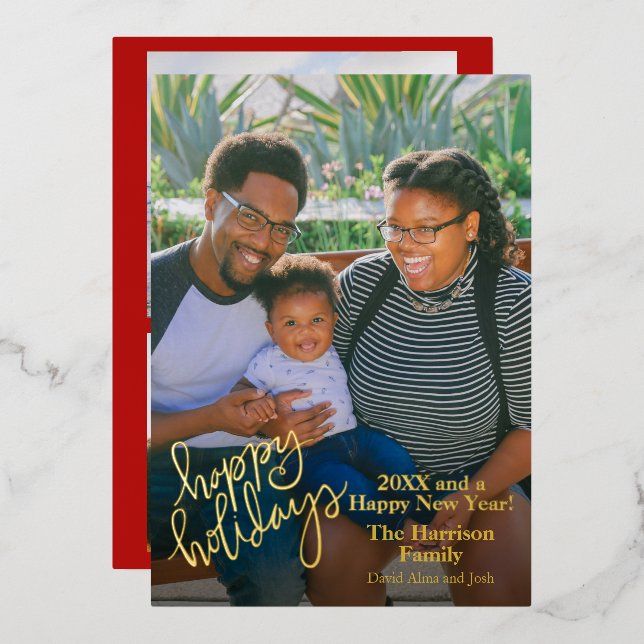 Happy Holidays Red Personalized Photo Gold Foil Holiday Card (Front/Back)