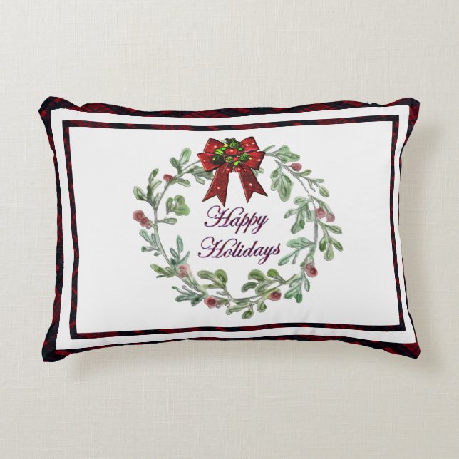 Happy Holidays Red Plaid  Accent Pillow (Front)