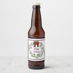 Happy Holidays Red Plaid Beer Bottle Label
