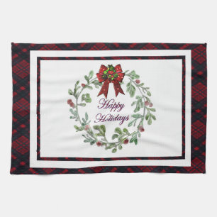 Happy Holidays Red Plaid Kitchen Towel