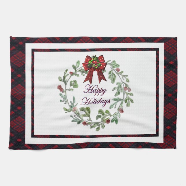 Happy Holidays Red Plaid Kitchen Towel (Horizontal)