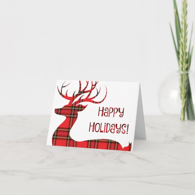 Happy Holidays!  Red Plaid Reindeer Holiday Card (Front)