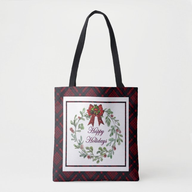 Happy Holidays Red Plaid Tote Bag (Front)
