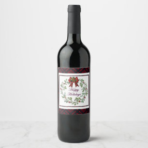 Happy Holidays Red Plaid Wine Label