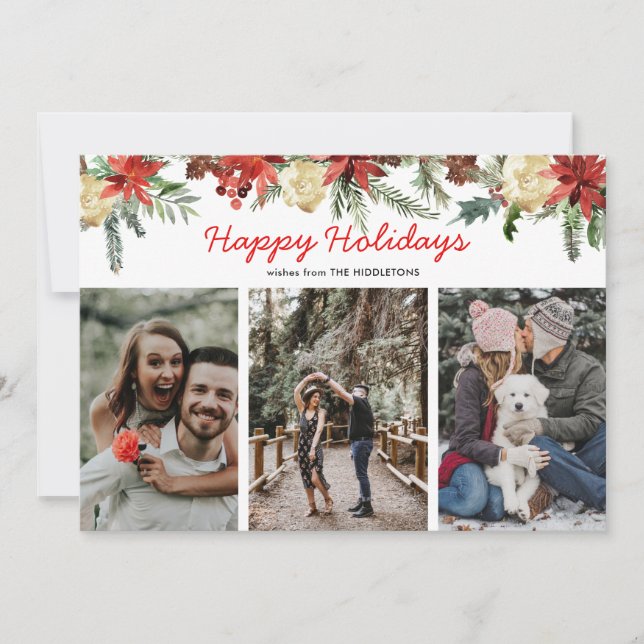 Happy Holidays Red Poinsettia Flower Couple Photo Holiday Card (Front)