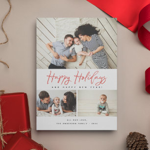 Happy Holidays Red Script 3 Collage Multi-Photo Holiday Card