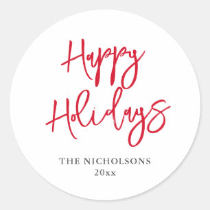Happy Holidays Red Script Modern   Classic Round Sticker