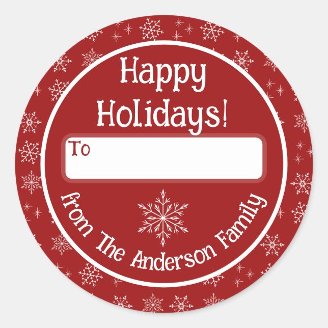 Happy Holidays Red Sticker with Snowflakes (Front)