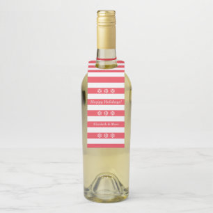 Happy Holidays Red Striped Snowflakes Wine Bottle Tag