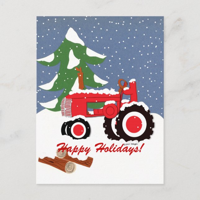 Happy Holidays! Red Tractor Holiday Postcard (Front)
