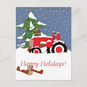 Happy Holidays! Red Tractor Holiday Postcard