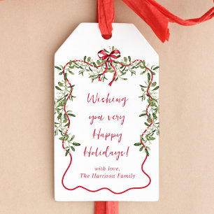 Happy Holidays Red Wavy Frame Watercolor Christmas Gift Tags