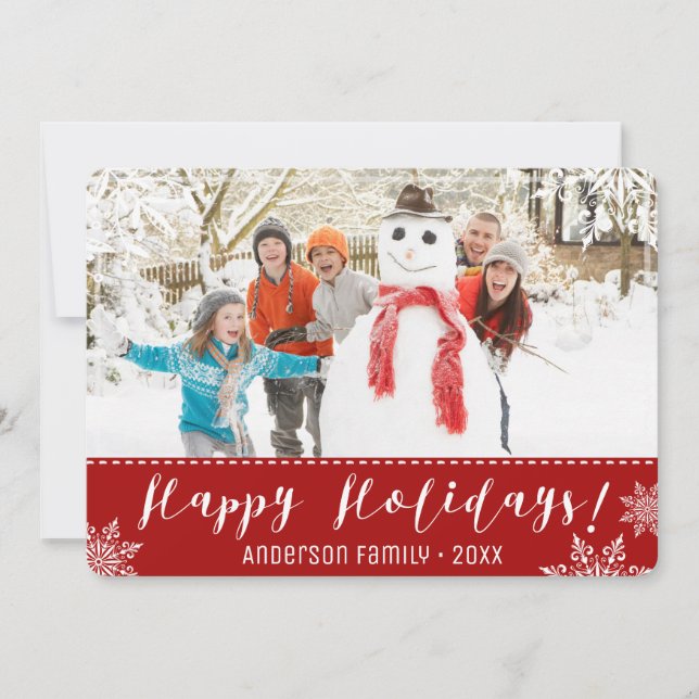 Happy Holidays Red & White Personalized Photo Holiday Card (Front)