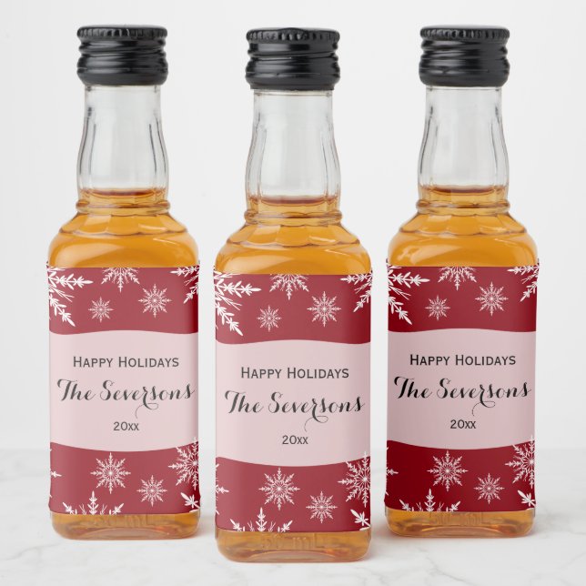 Happy Holidays Red White Snowflakes Liquor Bottle Label (Bottles)