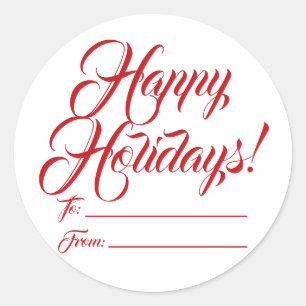 Happy Holidays red white to from blank script cute Classic Round Sticker