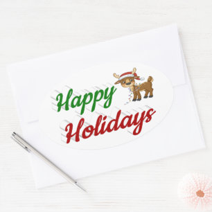Happy Holidays Reindeer Christmas script Oval Sticker