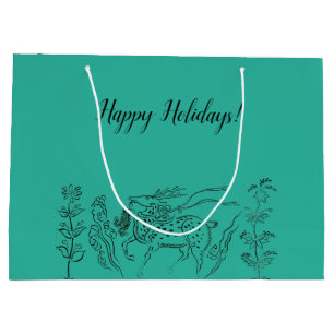 Happy Holidays! Reindeer on Green Large Gift Bag