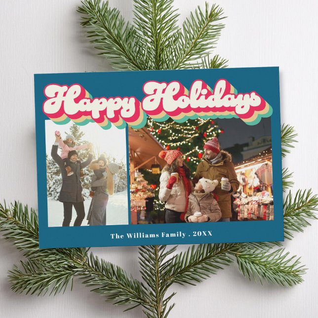 Happy Holidays Retro 2 Photo Holiday Card (Creator Uploaded)