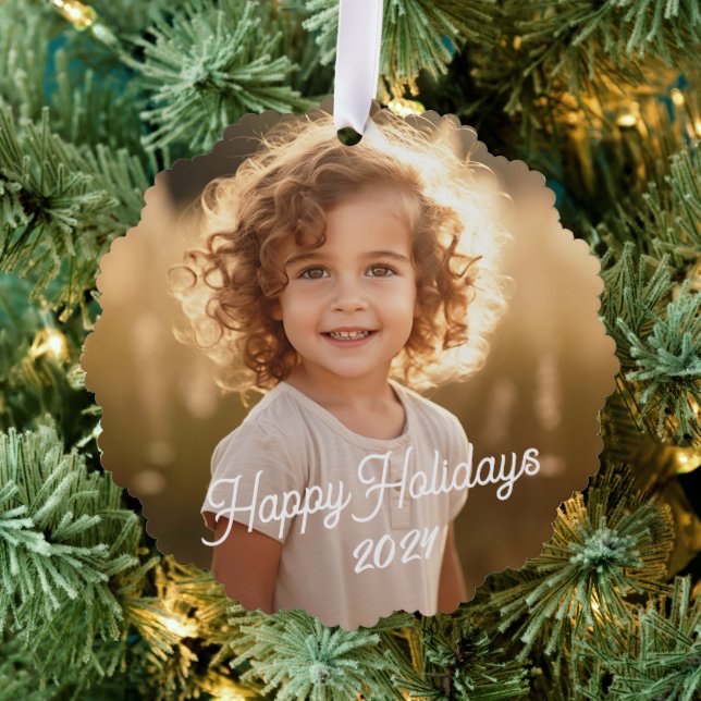 Happy Holidays retro font photo  Ornament Card (Insitu (Tree))
