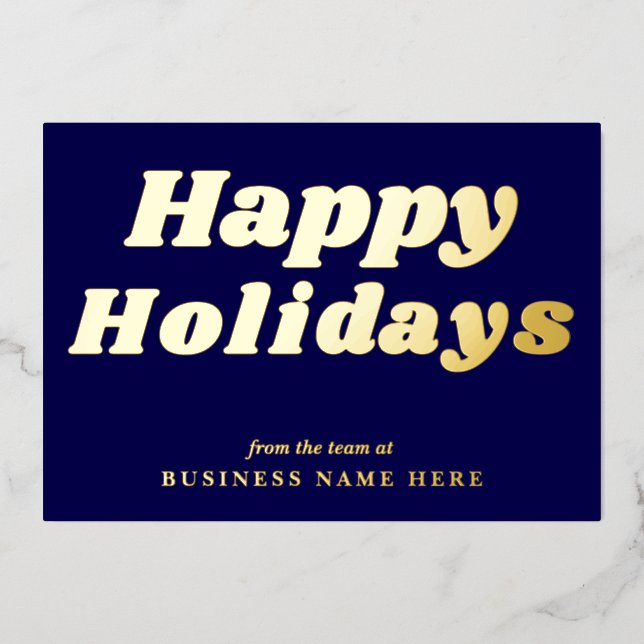 Happy Holidays Retro groovy Blue Gold Business Foil Holiday Card (Front)