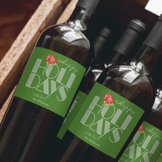 Happy Holidays Retro Typography Green Wine Label (Creator Uploaded)