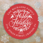 Happy Holidays Return Address Elegant Christmas Classic Round Sticker<br><div class="desc">Festive classic Happy Holidays return address labels to personalize with your message,  year,  family name and address details. You can customize the background colour to match your holiday theme. Designed by Thisisnotme©</div>