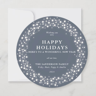 Happy Holidays Round Blue-Grey Sparkling Lights Holiday Card