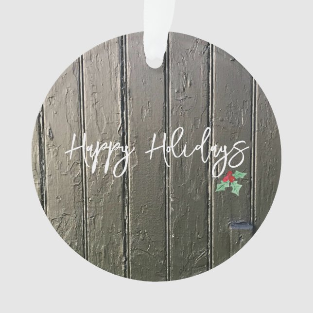 Happy Holidays Rustic Black Barn Door Holly PHOTO Ornament (Front)