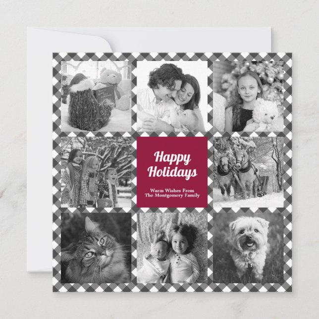 Happy Holidays Rustic Black White Photo Collage Holiday Card (Front)