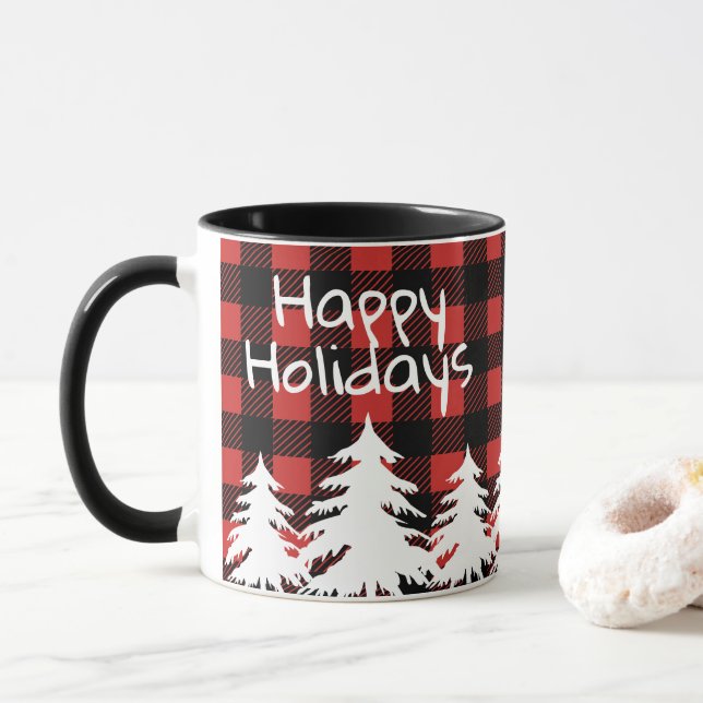 Happy Holidays Rustic Buffalo Plaid & White Trees Mug (With Donut)