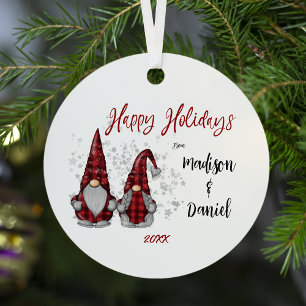 Happy Holidays Rustic Gnomes in Red Buffalo Plaid Metal Ornament