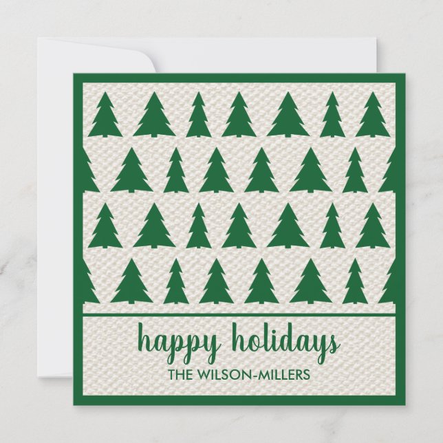 Happy Holidays Rustic Green Beige Tree Pattern Holiday Card (Front)