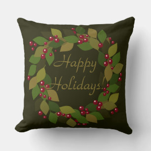 Happy Holidays! Rustic Green Wreath Throw Pillow