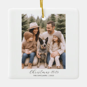 Happy Holidays Rustic Minimalist Family Photo Ceramic Ornament