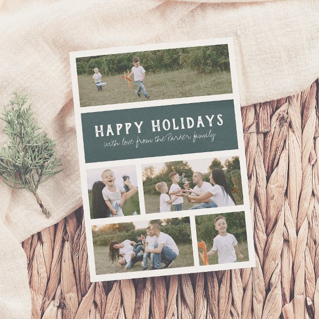 Happy Holidays Rustic Modern Holiday Photo Collage Card (Creator Uploaded)
