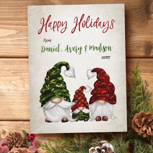 Happy Holidays Rustic Watercolor Gnome Family Holiday Postcard (Creator Uploaded)
