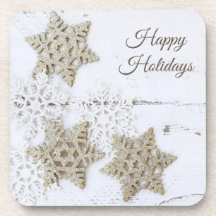 Happy Holidays Rustic White Snowflakes Coaster