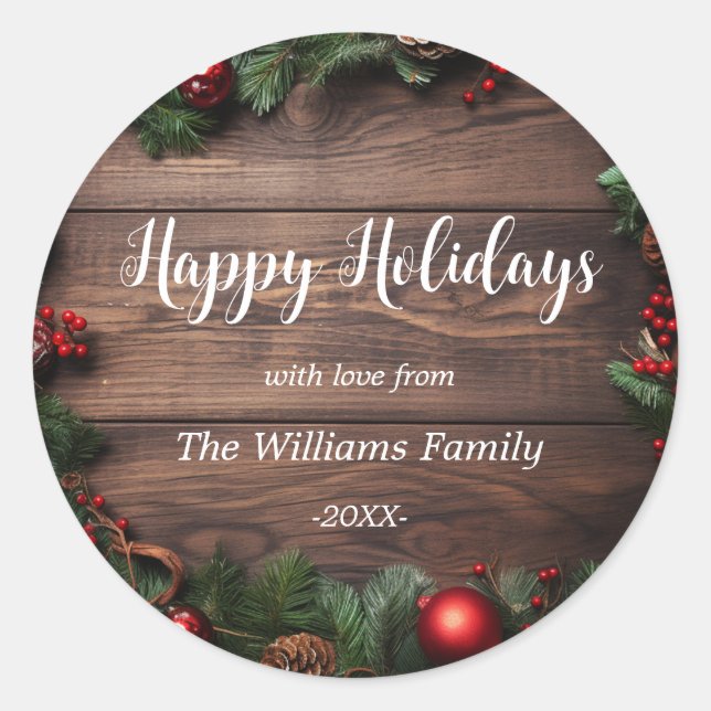 "Happy Holidays!" Rustic, Wood, Christmas Classic Round Sticker (Front)