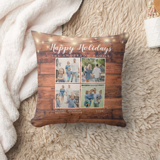 Happy Holidays Rustic Wood String Lights Photo Throw Pillow (Blanket)