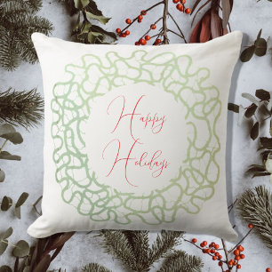 Happy Holidays rustic wreath green white red Throw Pillow