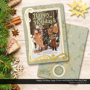 Happy Holidays Sage Green and Gold Foil Holiday Card