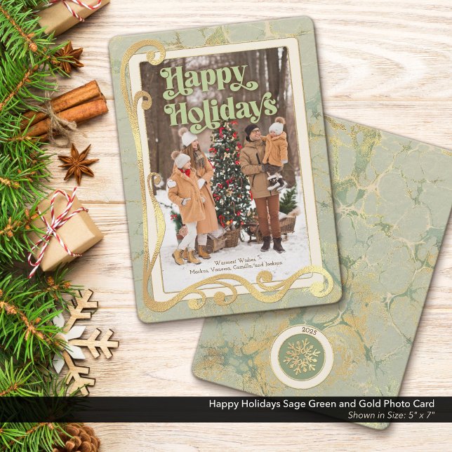 Happy Holidays Sage Green and Gold Photo Card (Happy Holidays, Sage Green and Gold Holiday Photo Greeting Card)