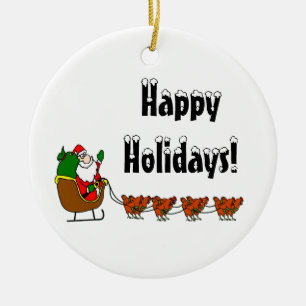 Happy Holidays Santa and Chickens Ceramic Ornament