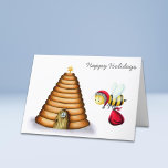 Happy Holidays Santa Bee Beehive Holiday Card<br><div class="desc">Unique holiday card with a Santa Claus bee going to a beehive to leave the presents. The sentiment reas "Happy Holidays" but it can be personalized. Great for an extra touch in your Honey business! Illustrated and designed by Patricia Alvarez.</div>
