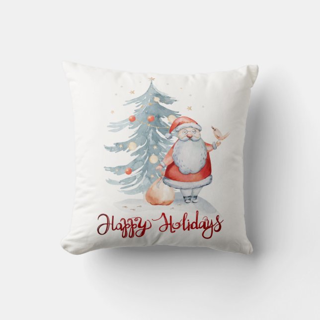 Happy Holidays,Santa Claus Pine Tree Throw Pillow (Front)