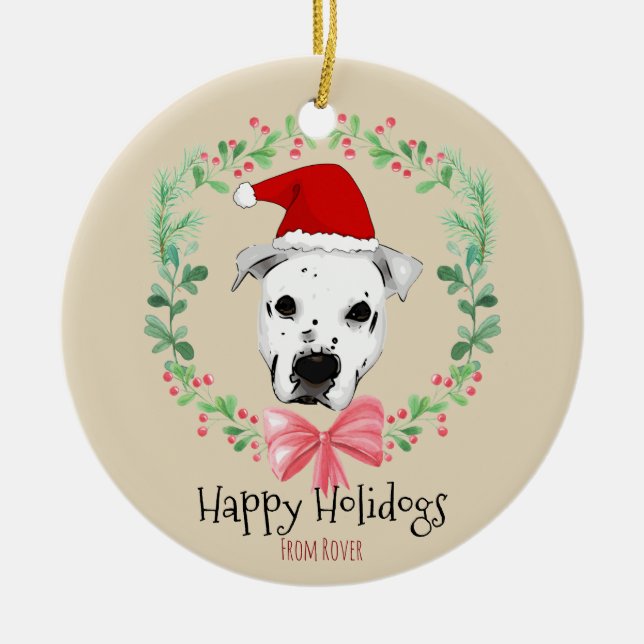 Happy Holidays Santa Dog Cartoon Ceramic Ornament (Front)