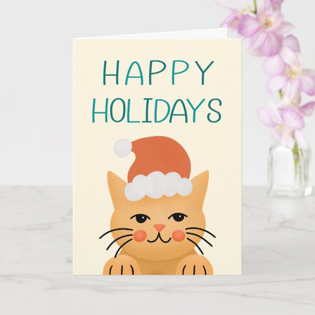 Happy Holidays Santa Hat Cat Christmas Card (Orchid)